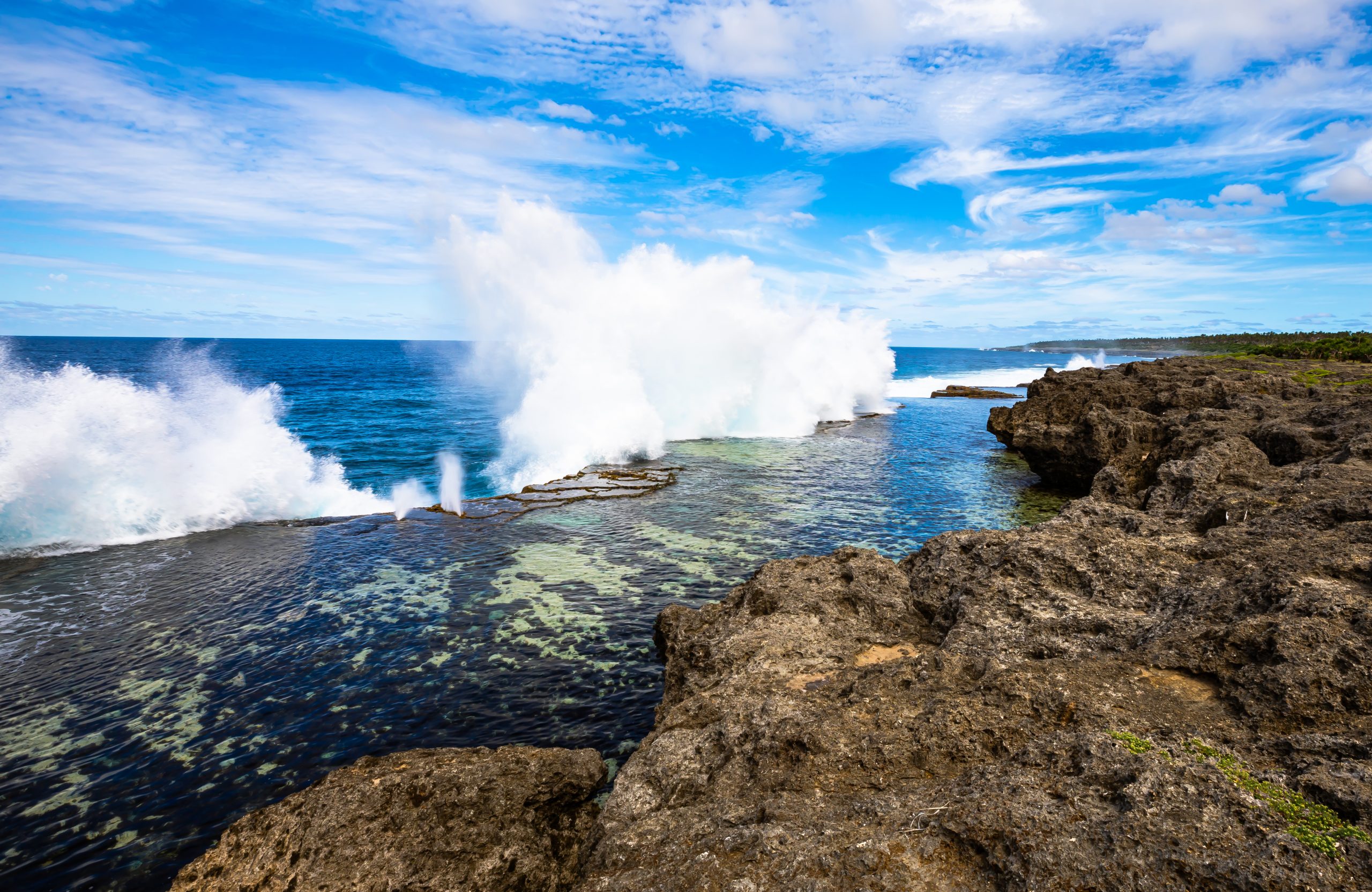 Witness the powerful display of seawater geysers along the coastline, where waves force water through natural rock formations, creating spectacular plumes.